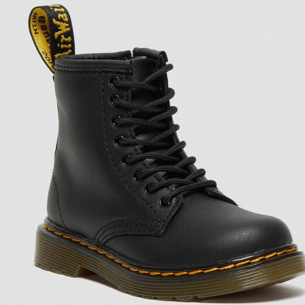 Dr. Martens Kids Black Leather Lace-Up Boot with Yellow Stitching